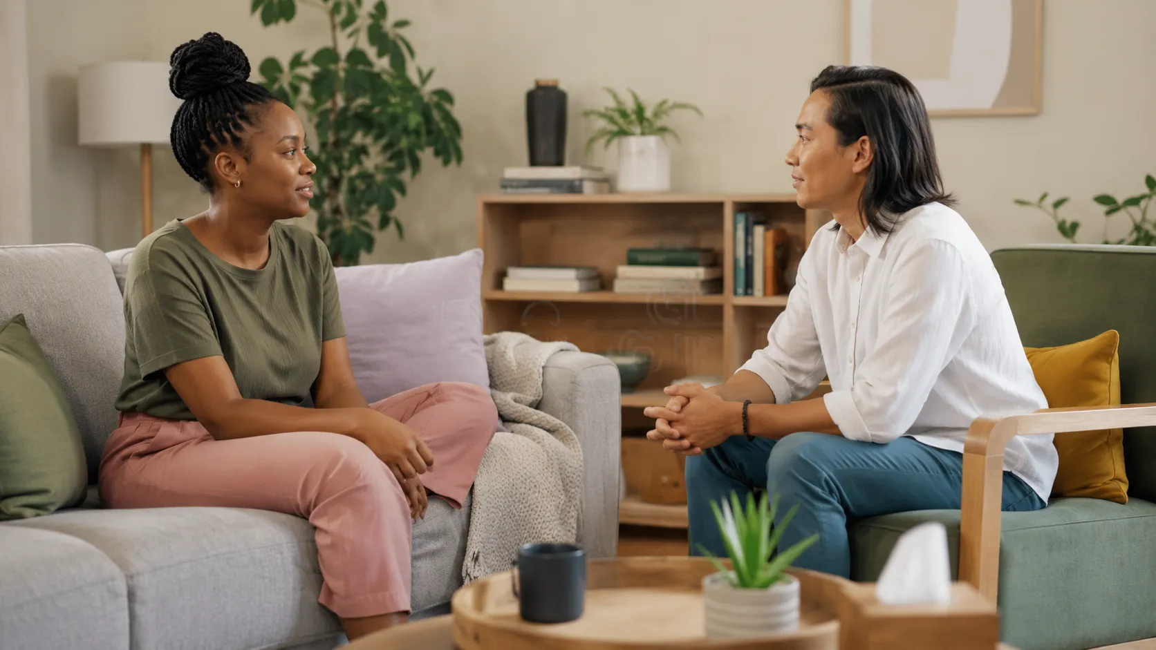 Two adults having a calm conversation with space and attention for each other.
