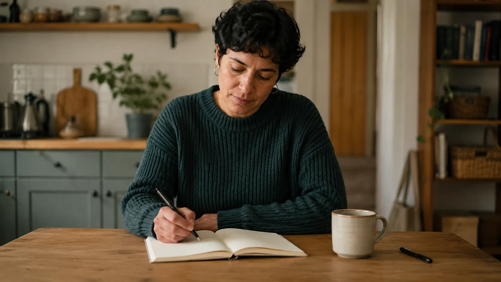 A non-identifiable adult writing a few observations in a notebook at a kitchen table.