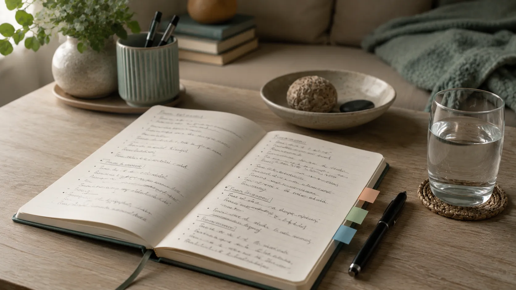 A notebook with a short coping plan, coloured tabs, and a glass of water on a table.