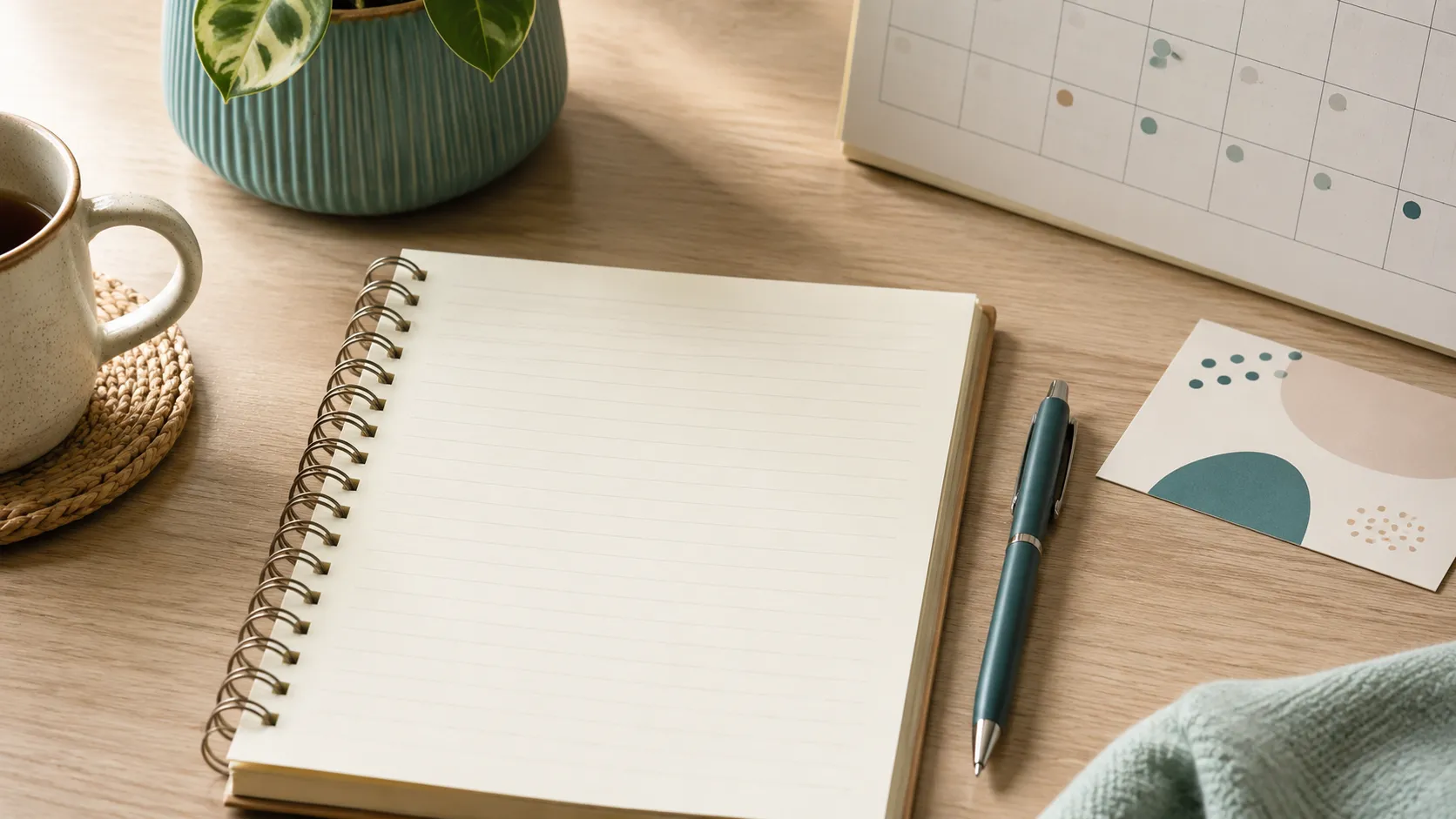 A simple appointment preparation sheet, notebook, and pen on a clear desk.
